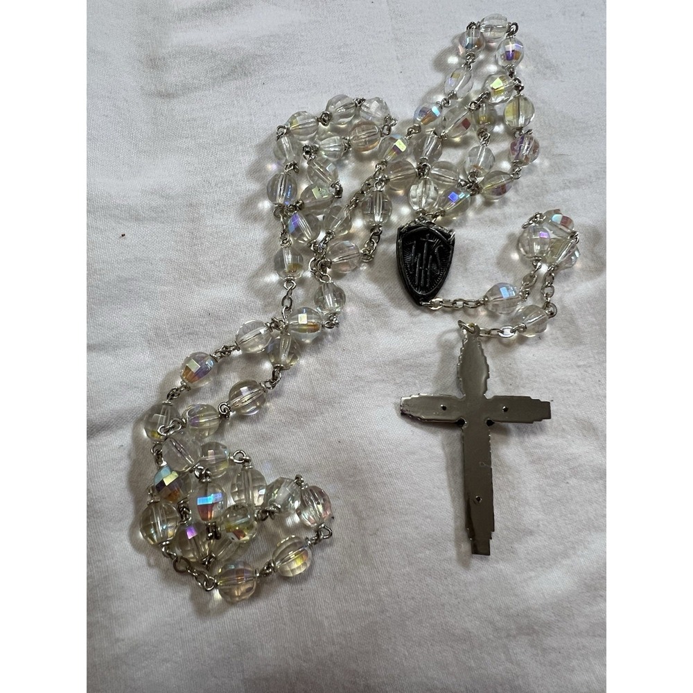 Set of 2 Catholic Rosaries Blue & Clear Glass Beads Silver Crucifix INRI Vintage - Picture 10 of 12